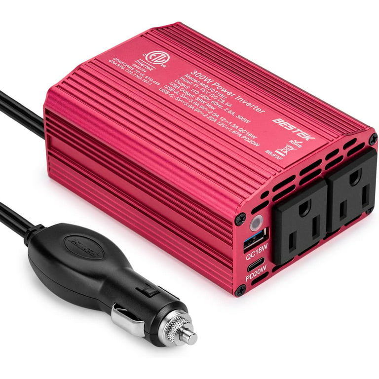 BESTEK 300W Car Power Inverter, DC 12V to 110V Car Plug Adapter Outlet  Converter with [20W PD USB-C] & 1 QC3.0 USB Ports Multi-Protection Car  Charger Power Inverter for Vehicles 