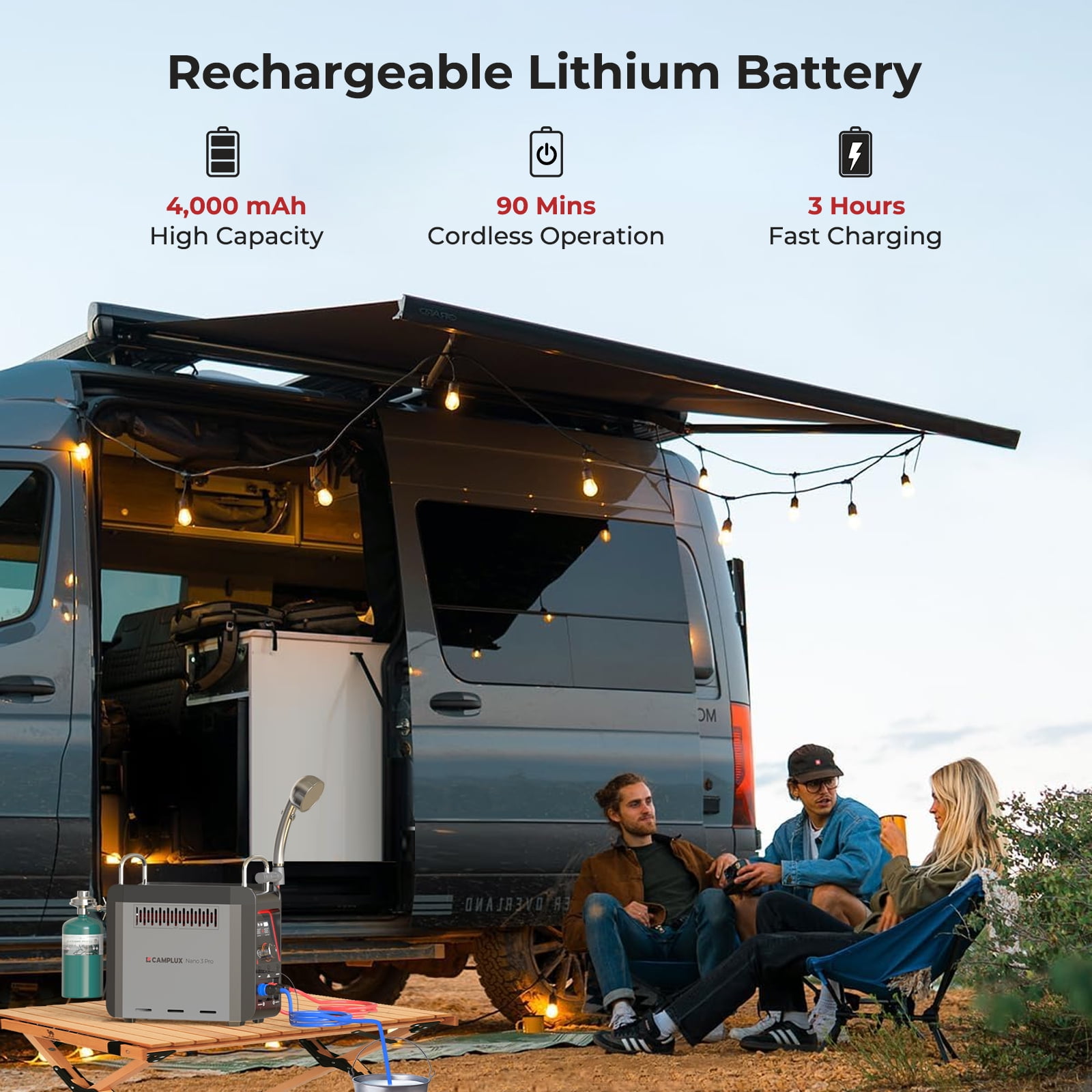 CAMPLUX Nano 3 Pro Portable Propane Tankless Water Heater with 4,000 mAh Lithium-ion Battery