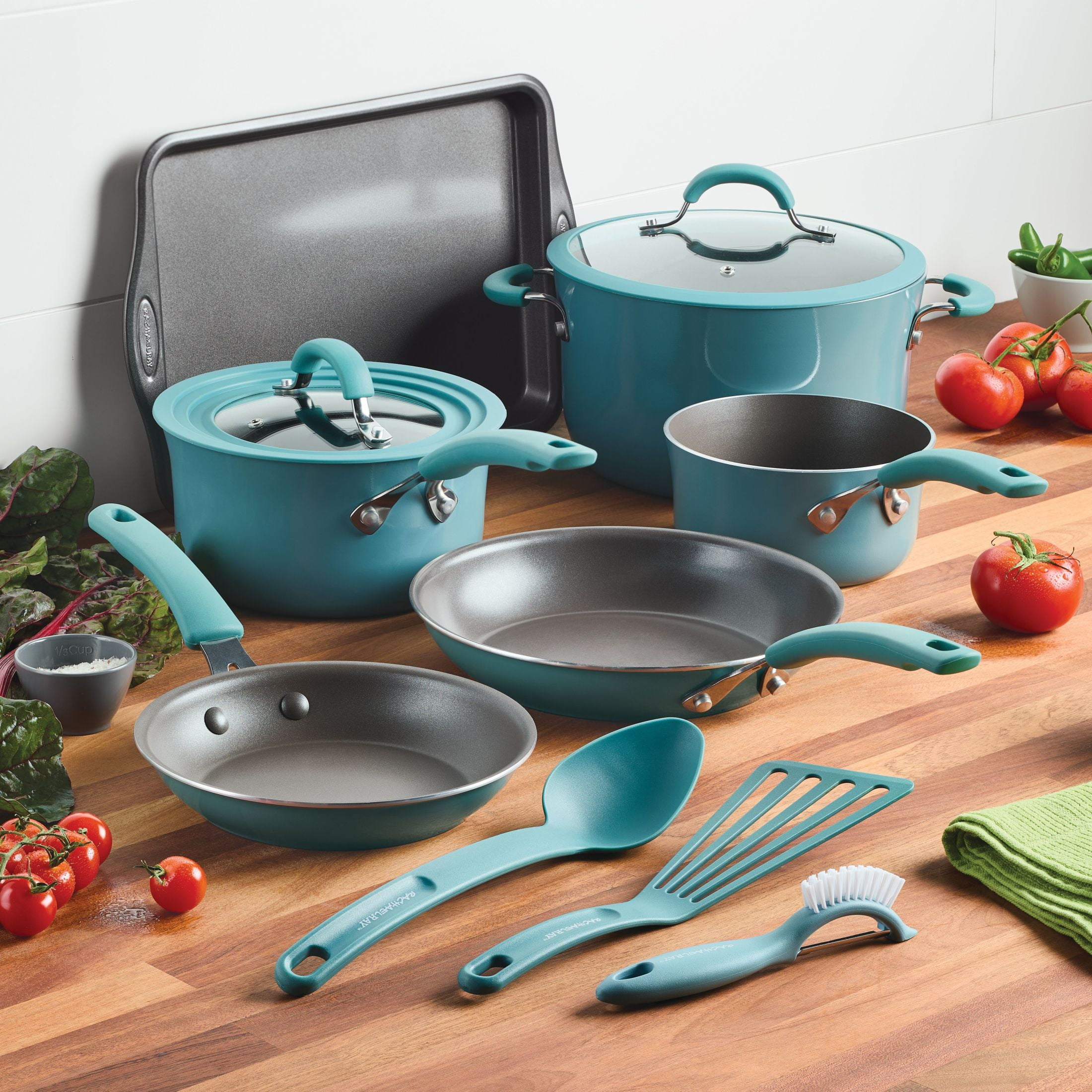 Rachael Ray Cook + Create 11 Piece Aluminum Nonstick Cookware Set,  Agave Blue