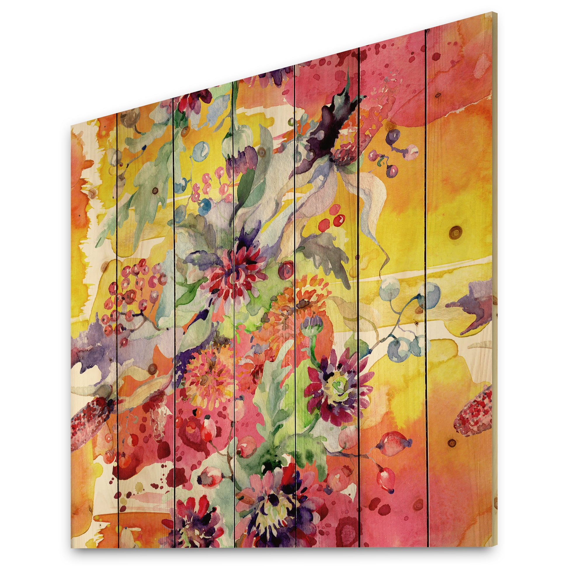 Designart 'Wildflowers and Vibrant Wild Spring Leaves' Modern Print on Natural Pine Wood