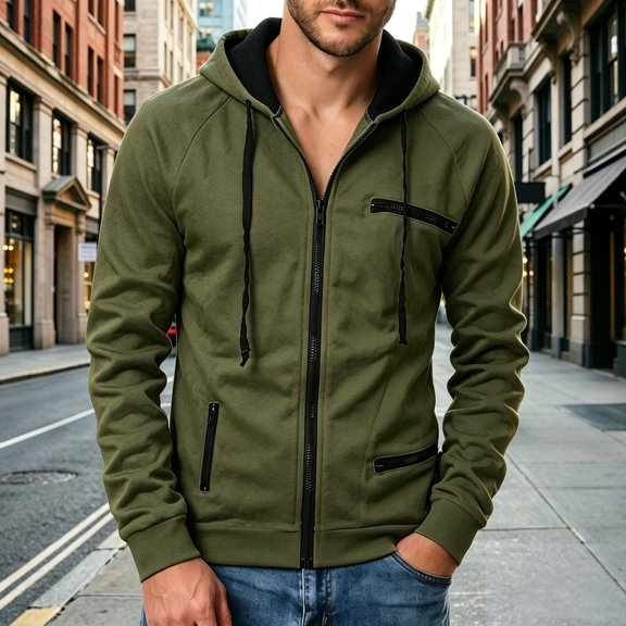 LYSMORA Men's Contrast Lined Full Zip Hoodie Jacket, Multi Zipper Pocket Raglan Long Sleeve Casual Athletic Zip Up Sweatshirt