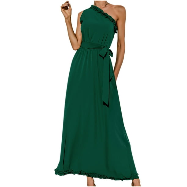 Vestido de mujer Sexy Un hombro Sólido Volantes Casual Vestido largo Fridja hjkh3541