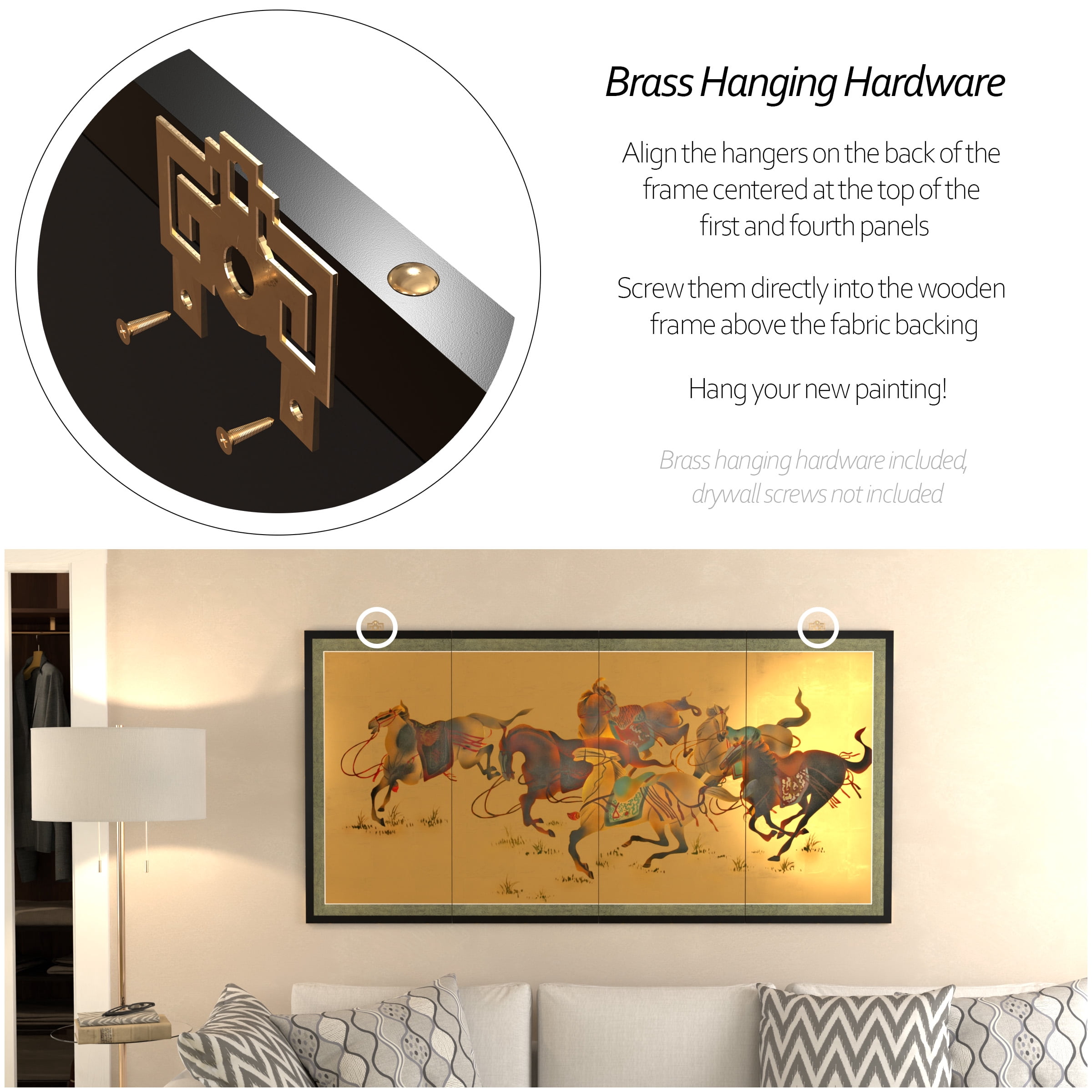 6ft. Long Handpainted Goldleaf Chinese Silk Wall Art Screen - 6 Saddled Horses