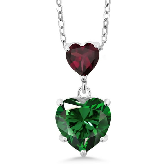 Gem Stone King 925 Sterling Silver Simulated Green Nano Emerald and Red Rhodolite Garnet Double Heart Pendant Necklace for Women (1.35 Cttw, Heart 8MM and 5MM, with 18 inch Silver Chain)
