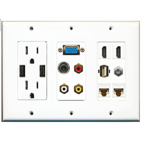RiteAV USB Charger Outlet 15A/125V with Dual 3.6A USB Charging Ports and 2 HDMI 2 Cat6 3.5mm RCA Composite Coax USB-A SVGA Decorative White 3 Gang Wall Plate