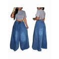 thumbnail image 2 of Women'S Baggy Jeans Cropped Elastic Waist Denim Pants Loose Trousers with Pockets Blue S, 2 of 7