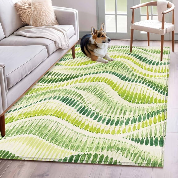 Green Stripes 3'x5' Washable Rug, Spring Farmhouse Botanical Abstract Motifs Non-Slip Area Rugs for Entryway Kitchen Classroom, StainResistant Dorm Throw Carpet, Low Pile Soft Indoor Floor Mat