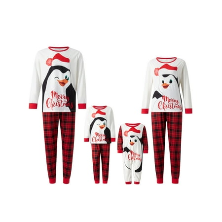

Matching Family Pajamas Sets Christmas PJ s with Cartoon Penguin Print and Plaid Printed Long Sleeve Tee and Bottom Loungewear