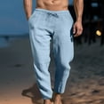 thumbnail image 2 of HOOMEUMY Mens Cotton Linen Pants Elastic Waist Trousers Casual Regular Fit Solid Color Workout Athletic Jogging Cool Pant Multi Pocket Outdoor Fashion Straight Fit Full-length PantsⓐLight Blue XL, 2 of 6