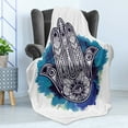thumbnail image 4 of Evil Eye Soft Flannel Fleece Throw Blanket, Hamsa on Watercolor Brushstrokes Backdrop Ornament Floral Elements, Cozy Plush for Indoor and Outdoor Use, 60" x 80", Pale Blue Dark Blue, by Ambesonne, 4 of 5