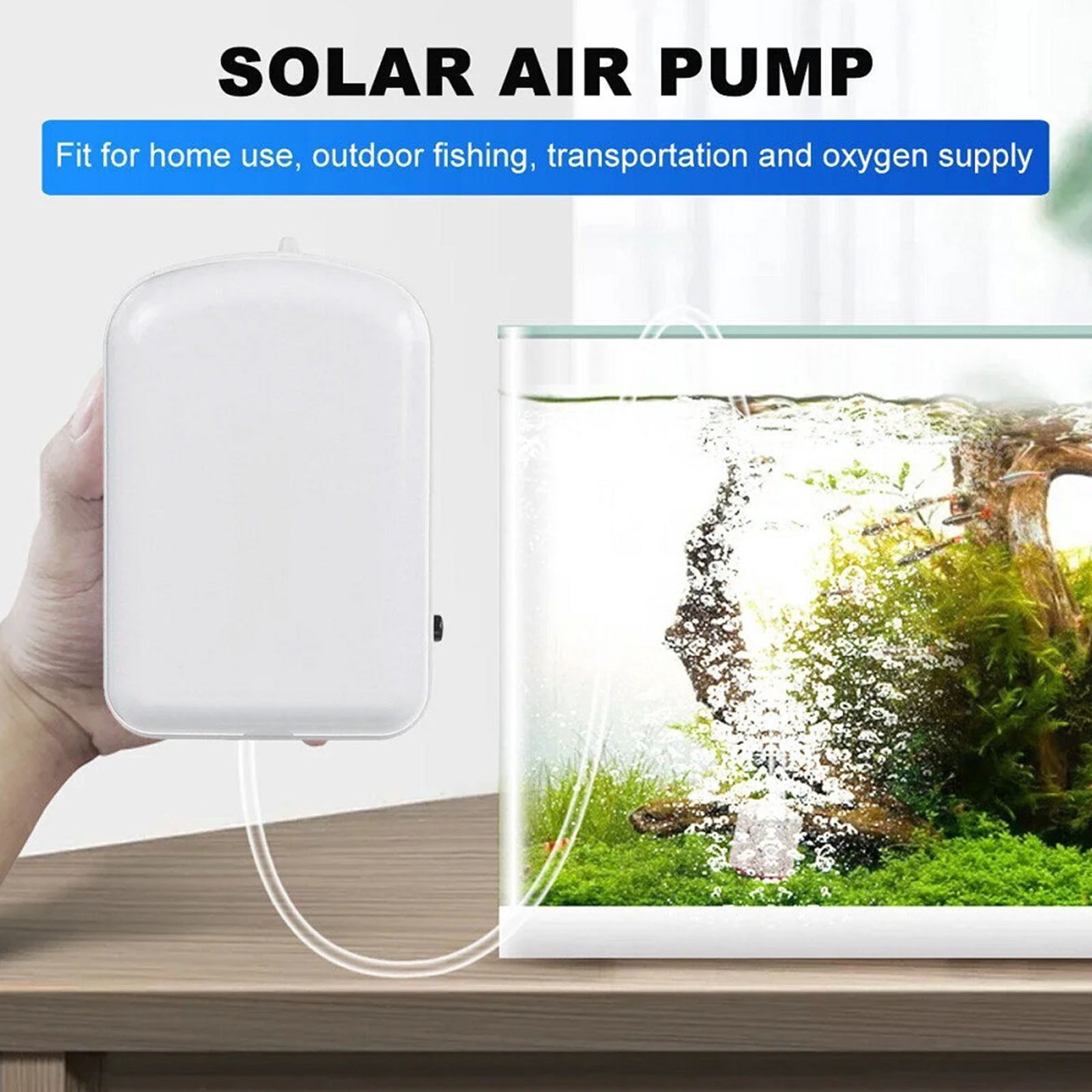 5W Solar Powered Air Pump Oxygen Aerator with Bubble Stones, 2000mAh Battery Aquarium Air Pump for Fish Tank Pond Pool Garden Water Circulation