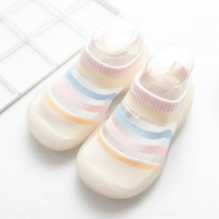 

LYCAQL Baby Shoes Boys Girls Striped Prints Socks Shoes Toddler Breathable Mesh The Floor Socks Non Slip Prewalker Toddler Shes (White 24 Toddler)