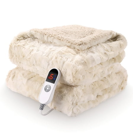 MARNUR Electric Throw Blanket 50" x 60", Soft Faux Fur Heated Throw Blanket with Large LED Display, 6 Heating Levels, 4 Hours Timer- Tie-Dye Off White