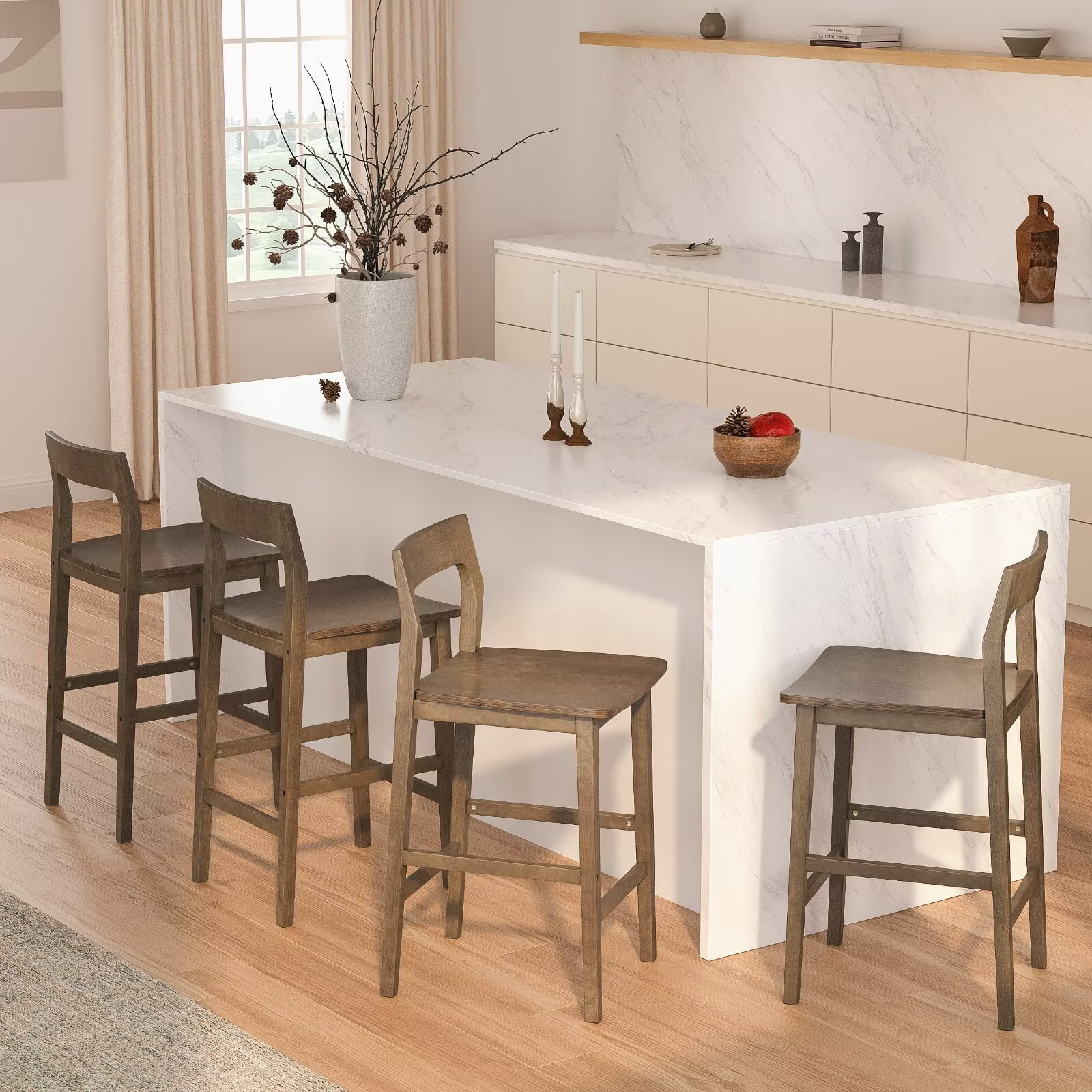 EYYTHUNG Modern Farmhouse Bar Stools 25 inch Mid-Century Solid Wood Counter Height Stools with Back Support Barstools Chairs for Kitchen Dining Room Set of 2, Brown