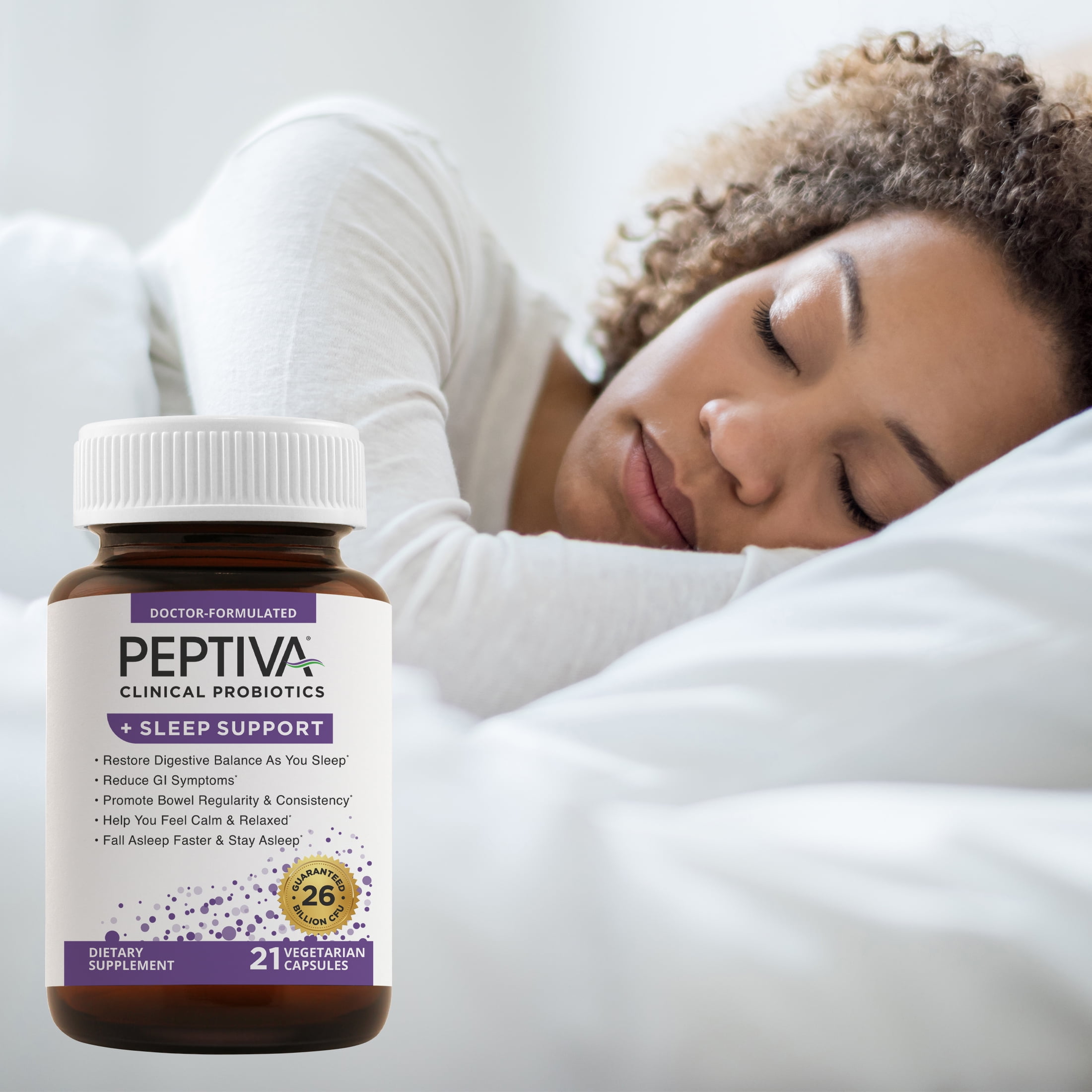 Peptiva Probiotics + Sleep Support, 26 Billion CFUs, Multi-Strain Probiotics, 21 Count, Adult