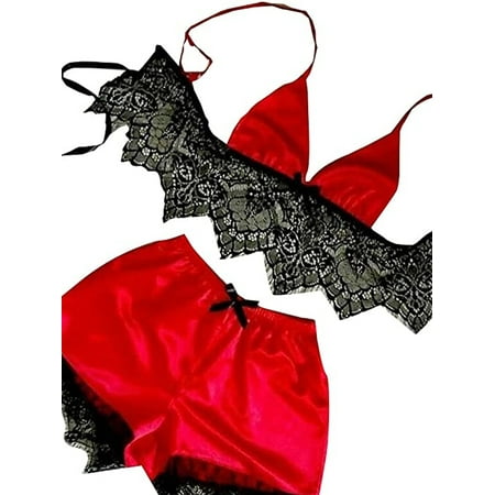

MERSARIPHY Women Silk Satin V-Neck Lace Up Ruffled 2PCS Pajamas Set