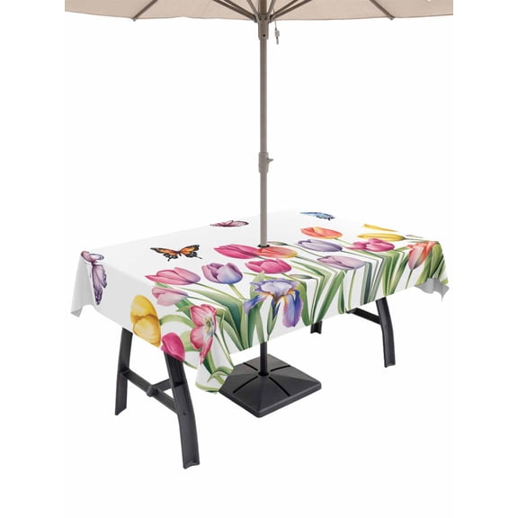 Outdoor Tablecloths with Umbrella Hole & Zipper, Tulips Spring Floral Tablecloth Rectangle 60x84 Inch, Pastoral Flowers Butterfly Farmhouse Waterproof Table Cloth, Patio/Pool/Picnic Table Covers