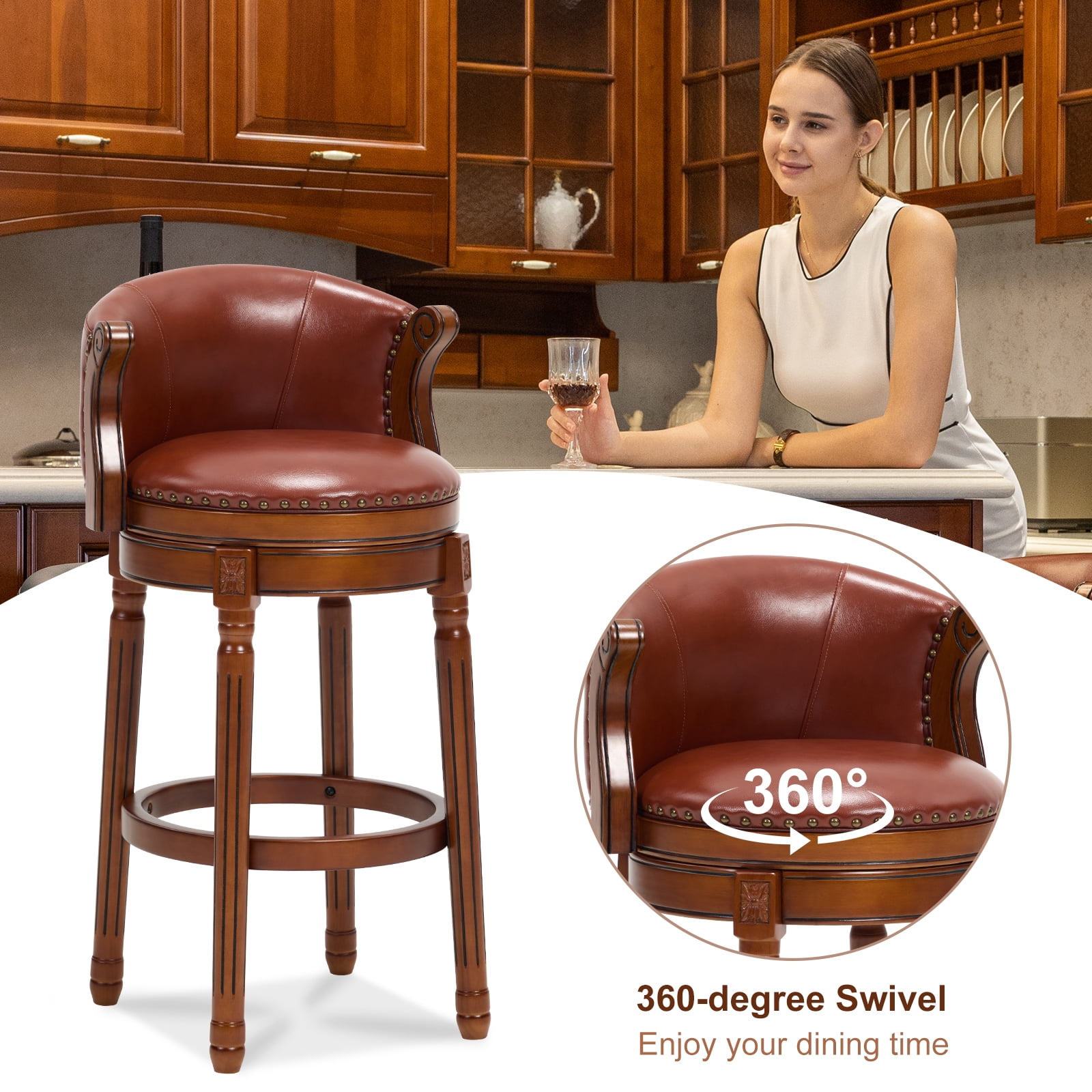 Aulife Bar Stools Counter Height Rubber Wood Swivel Barstools with Back & Footrest-Genuine Leather Upholstered Bar Chair for Bar, Kitchen, Dining Room