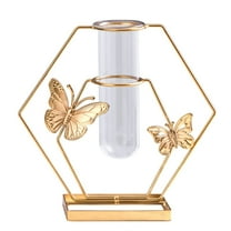 Modern Gold Metal Frame Hydroponic Vase - Heart Shaped Glass Planter with Butterfly Accents, Unique Tabletop Terrarium for Wedding Centerpieces & Home Office Decor
