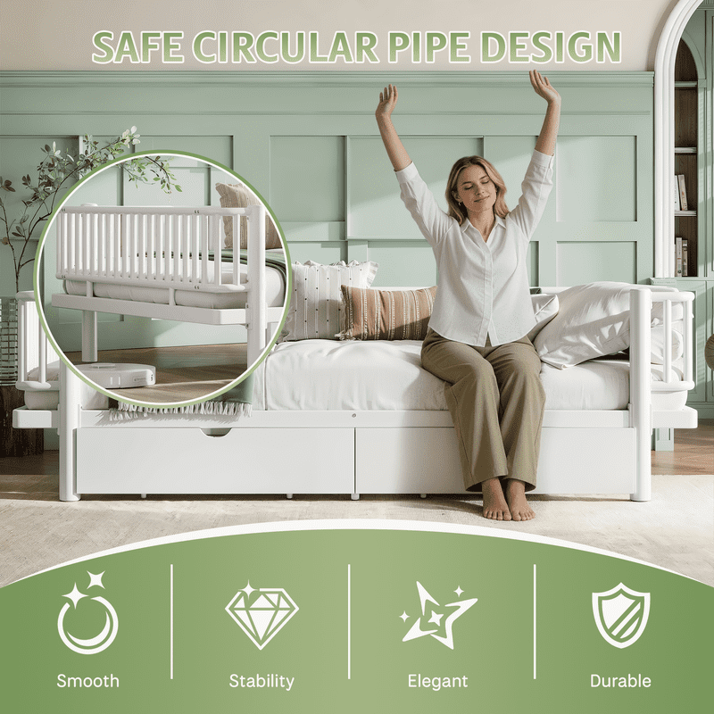 HICOMILA Queen Size Platform Bed with Storage Drawers, Metal Daybed Frame with Upgraded Safety Round-Pipe Design, Low Profile Design, White
