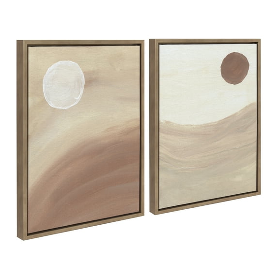 Kate and Laurel Sylvie Sandy Moon and Carmamel Sunset Framed Canvas Wall Art Set by Mentoring Positives, 2 piece 18x24 Gold, Soft Neutral Moon and Sunset Art for Wall