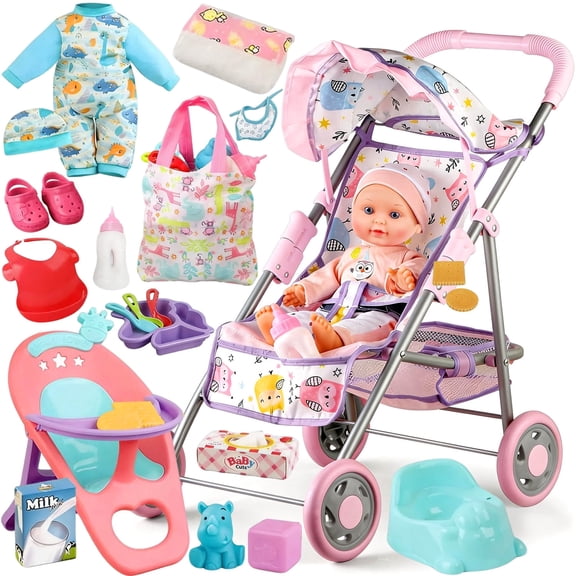 Aijohnny Baby Doll Stroller Toys Set with 12" Baby Doll, Dining Chair, Accessories and 2 Sets Clothes, Baby Doll Toys for Kids 3-8 Gifts