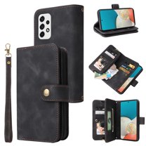 Dteck Zipper Wallet Case For Samsung Galaxy A53 5G,Magnetic Leather Card Slots Case Heavy Duty Rubber Kickstand Cover with Wrist & Shoulder Strap,Black