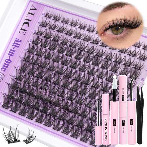 Kit de extensiones de pestañas naturales Wispy Lash Clusters, extensiones de pestañas individuales de 8-16 mm con rizado C, removedor de pestañas, banda fina y suave Black Bond and Seal de Alice.