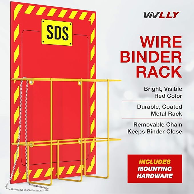 Pack of 10 MSDS Wall Station - 3 Inch 3 Ring Material Safety Data Sheet Binder with SDS Wire Rack and Display Sign, Chain, Mounting Hardware, SDS Poster, MSDS Labels - Heavy Duty OSHA Yellow Binder