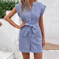 thumbnail image 2 of Summer Jumpsuits For Women Short Sleeve Button Down Pockets Belted Elastic Waist Solid Color Striped Printed Jumpsuits Rompers, 2 of 7