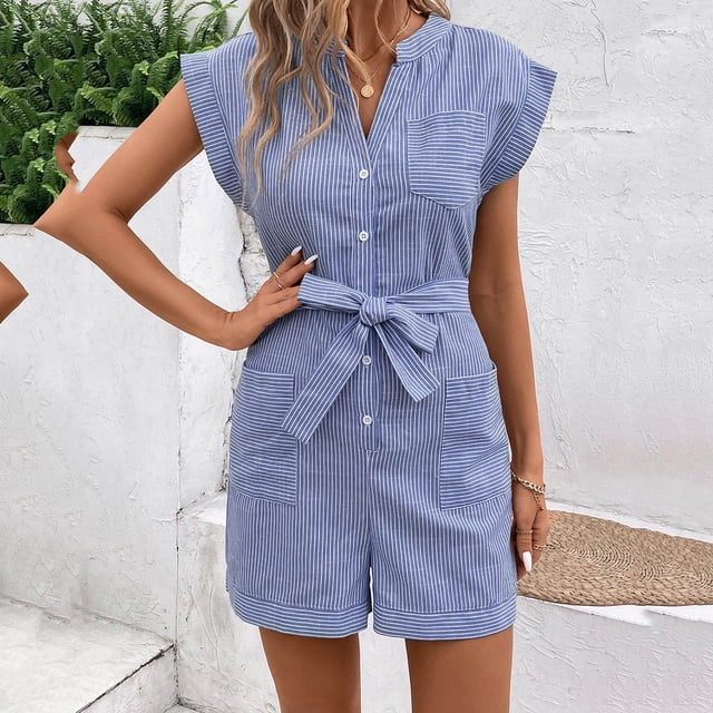 Gspmoly Shorts Short pour Femmes, Combinaison Courte d'Été pour Femmes à Taille Ajustée, Manches Courtes, avec Poches, de Randonnée pour Femmes, Liquidation, Bleu m
