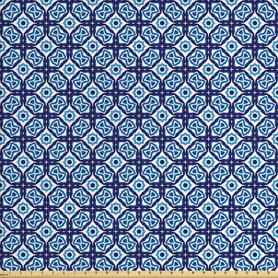 Geometric Fabric by the Yard, Damask Pattern Inspired Oriental Style Ornamental Ceramic Tile Motifs, Upholstery Fabric for Dining Chairs Home Decor Accents, White and Navy Blue by Ambesonne