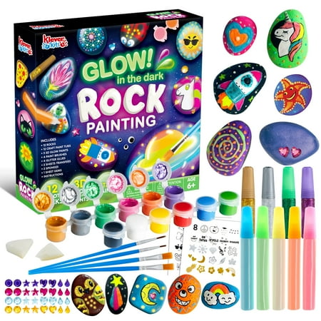 12 Rock Painting Kit 43 Pcs Arts and Crafts for Kids Ages 6-8+ Art Supplies with 18 Paints (Glow in The Dark & Metallic & Standard) Craft Paint Kits Kids Toy Gifts for Boys and Girls Ages 4+