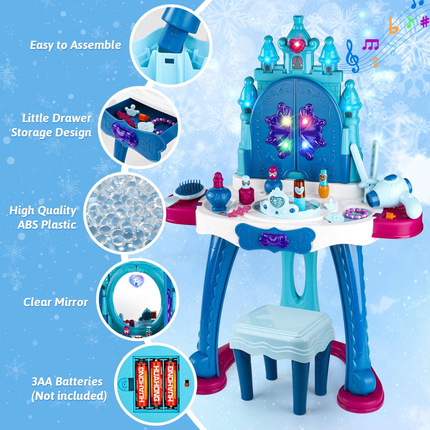 Hot Bee Princess Vanity Toy Set, Light-Up Makeup Table & Chair for