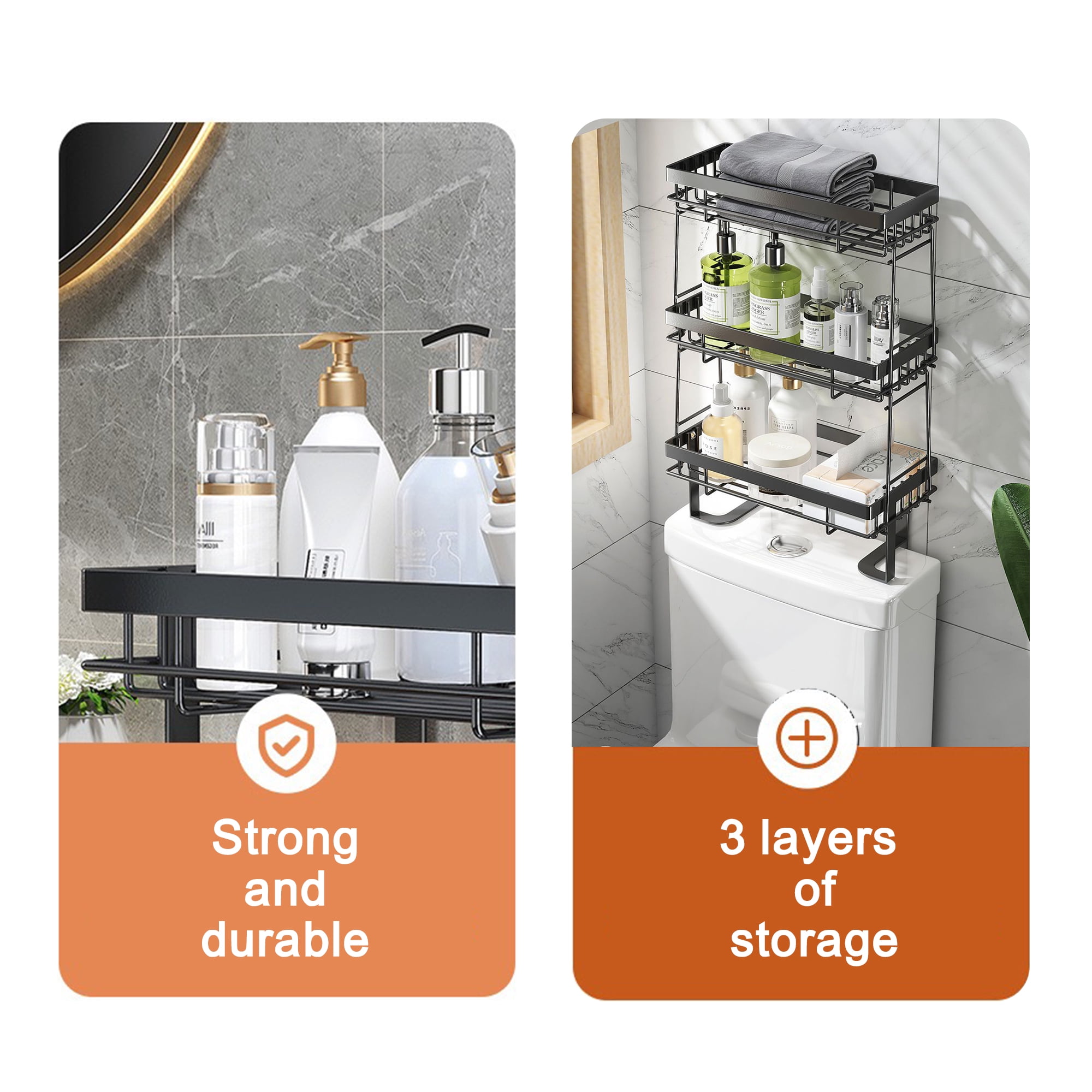 Junjian Over The Toilet Storage Shelf, 3-Tier Bathroom Storage Organizer Upgrade Punch-Free Toliet Storage Shelf, Home Storage Rack with Hooks Shelf