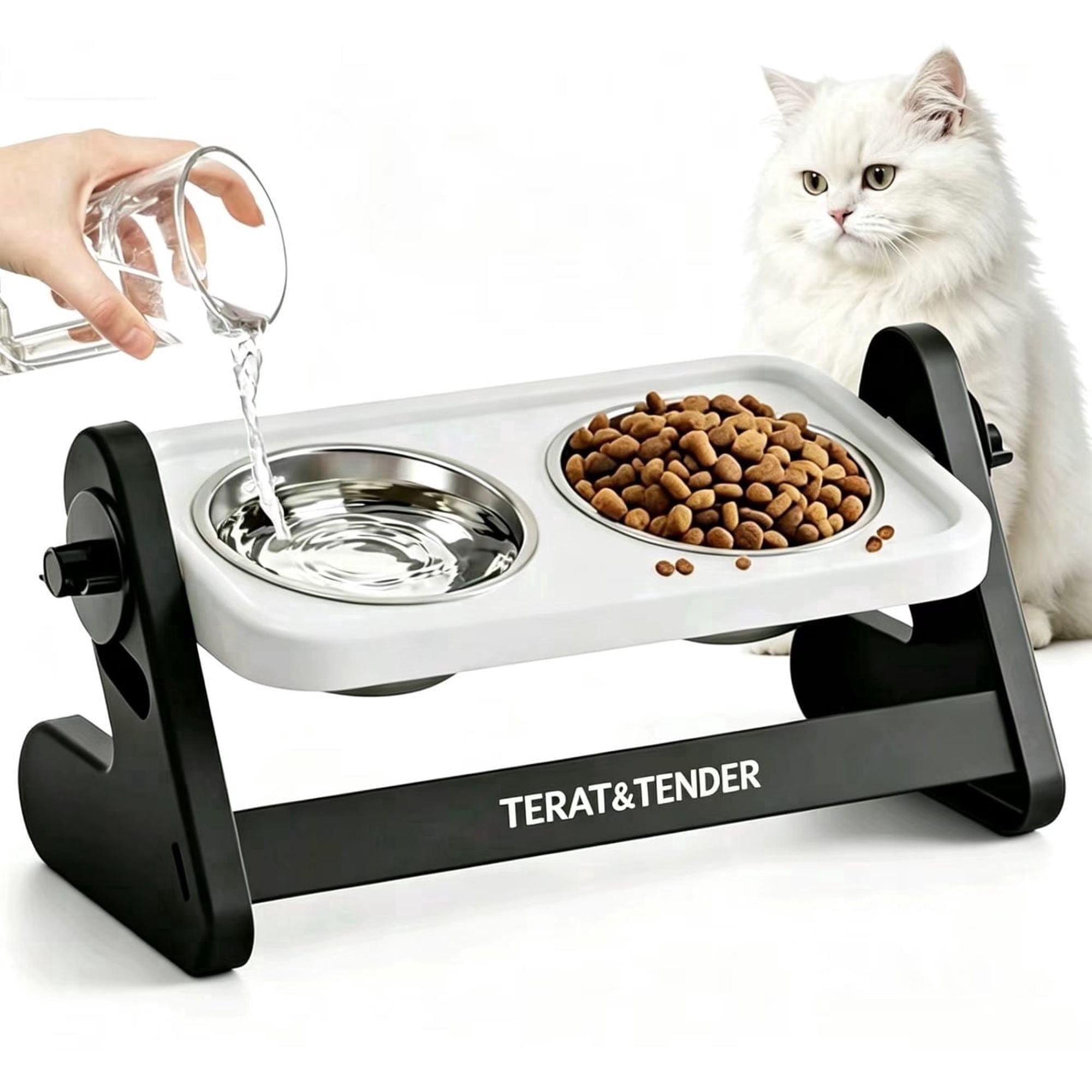 QianSai Elevated Cat Bowls with 15° Tilted Stand, Adjustable Height Stainless Steel Cat Food and Water Bowl Set, Whisker-Friendly and Splash-Proof Feeder for Indoor Cats and Small Dogs