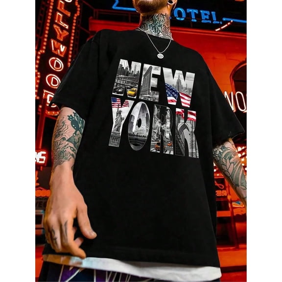 Men's New York City Graphic T-Shirt Black Short Sleeve Urban Streetwear Tee