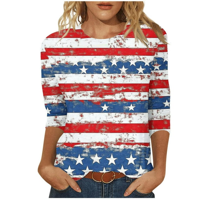 KIHOUT Blouse Imprimée de la Fête de l'Indépendance pour Femme, Manches 3/4, Col Rond, Coupe Ample, Chandail à Enfiler Tendance, Rouge, TG