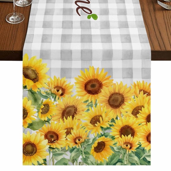 Table Runners 120 Inches Long Dress Scarves, Yellow Sunflowers Farmhouse Coffee/Dining/Kitchen Table Runner for Living Room, Summer Floral Elegant Pastoral Checkered 13x120 Inch