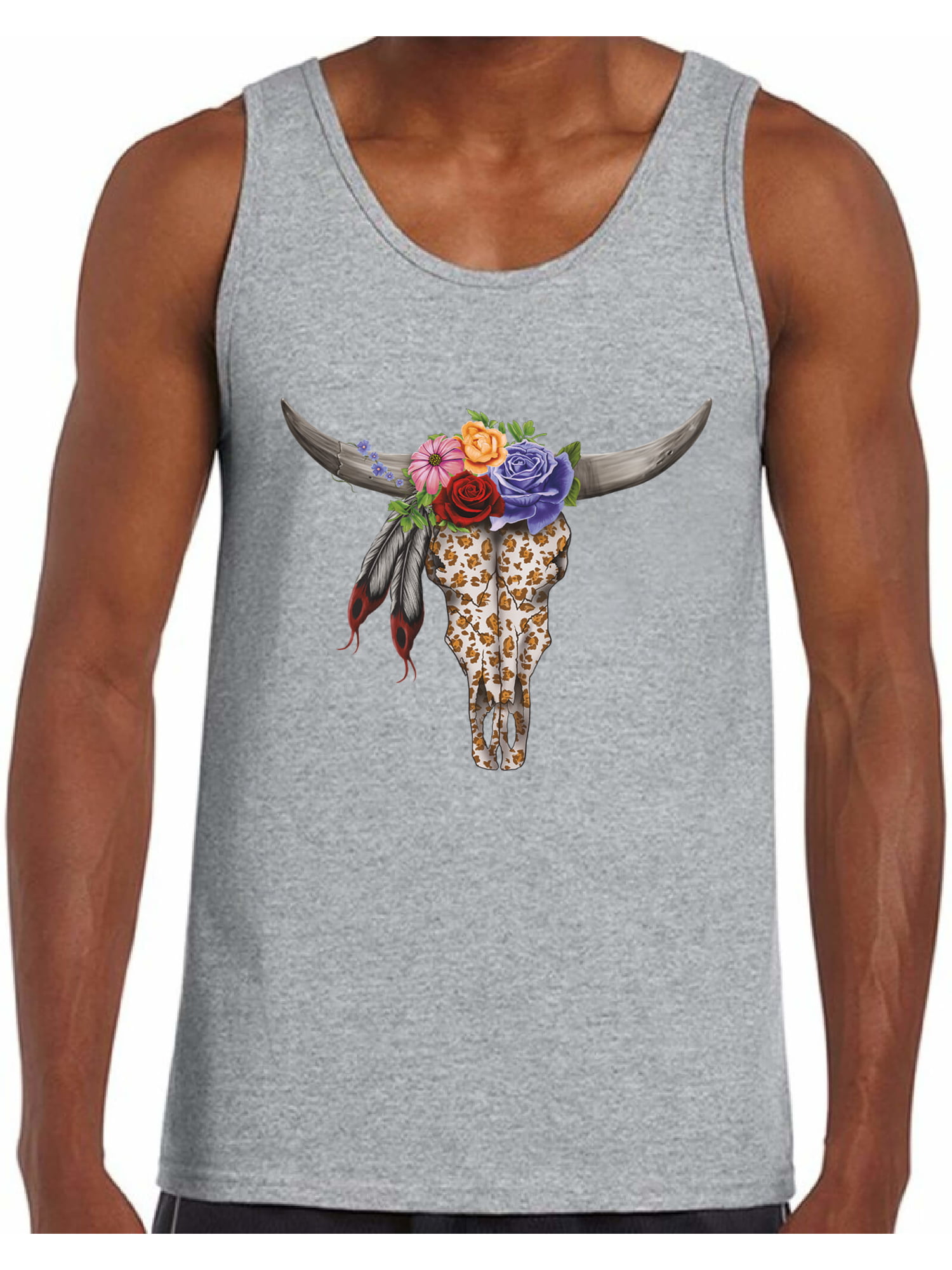 Cow Skull Tank Top Men's Skull Tank Day of the Dead Gifts for Him. Floral Bull Skull Muscle Shirt