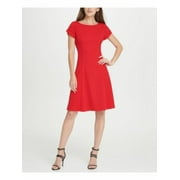 DKNY Womens Red Short Sleeve Jewel Neck Knee Length Fit + Flare Dress Size: 2