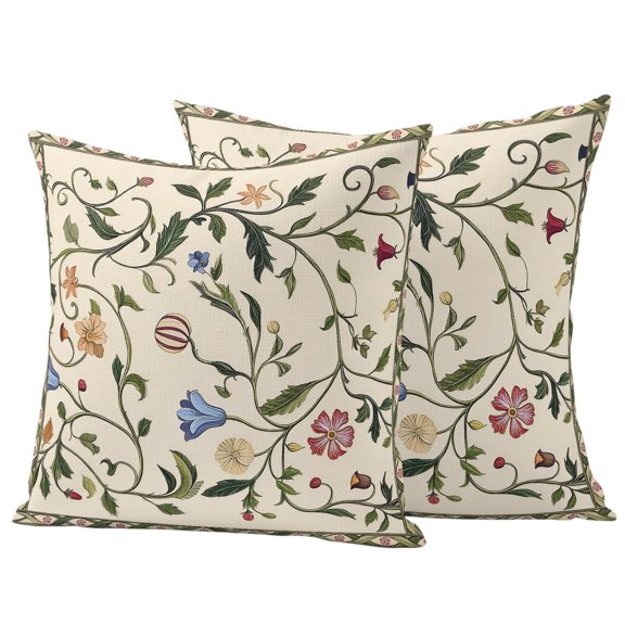 Country Floral Outdoor Waterproof Pillow Covers, Pastoral Vines Leaves Vintage Wildflowers Decorative Square Throw Pillowcase Sofa Cushion Sham for Patio/Couch/Chair, 18"x18" 2 Pack