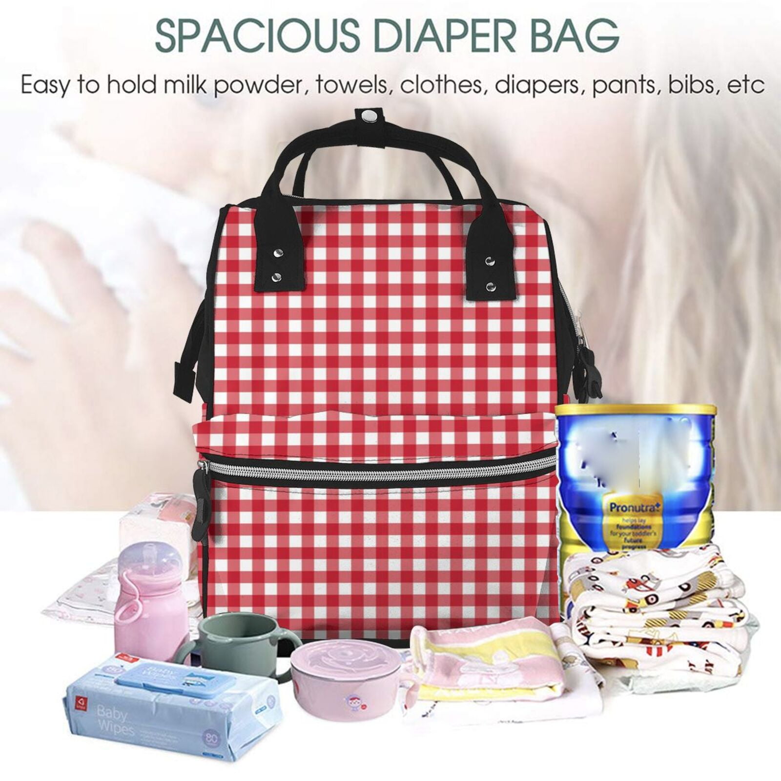 Ratiio Red Checkboard Mummy Backpack - Waterproof Twill Canvas, Large Capacity Diaper Bag with Multiple Pockets and Adjustable Straps