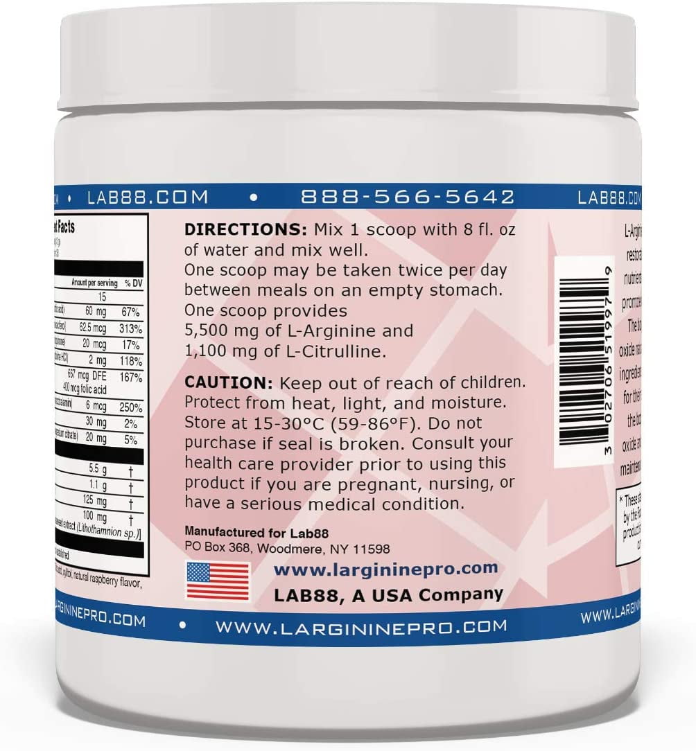 L-Arginine Pro Powder - 5500mg L-Arginine, 1100mg L-Citrulline Cardio Health (Citrus Orange 2 Jars/ Raspberry 2 Jars)
