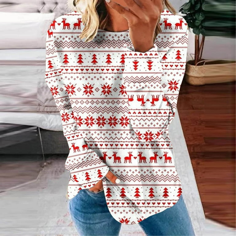 Elainilye Fashion Womens Sweatshirts Casual Long Sleeve Shirt Christmas  Print Hoodless Sweatshirt Round Neck Tops Blouse,White