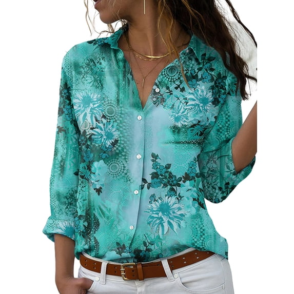 DYMADE Floral Print Shirts Long Sleeve Button Tops Casual Office Women Formal Blouse