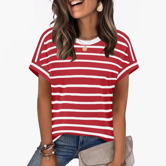 Women's Short Sleeve V Neck Stripe Top Shirts Blouses with Trendy Loose Fit Solid Color Casual Daily Wear Work Office Vacation Fashion Essential Gift | CSEONE,Red XL