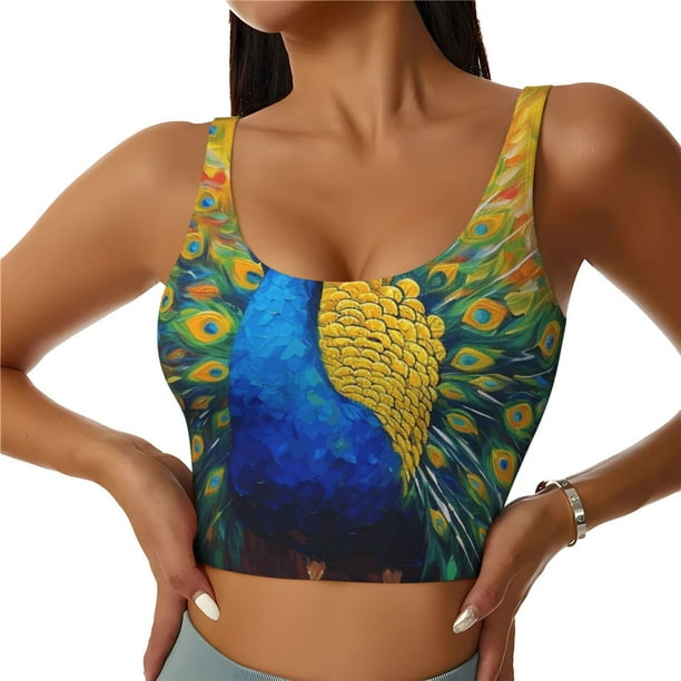 Fotbe Peacocks Sujetador Deportivo Largo sin Aros para Mujer con Almohadillas y Soporte Medio, Transpirable y Absorbente, Camiseta Tipo Chaleco o Tank Top-Large