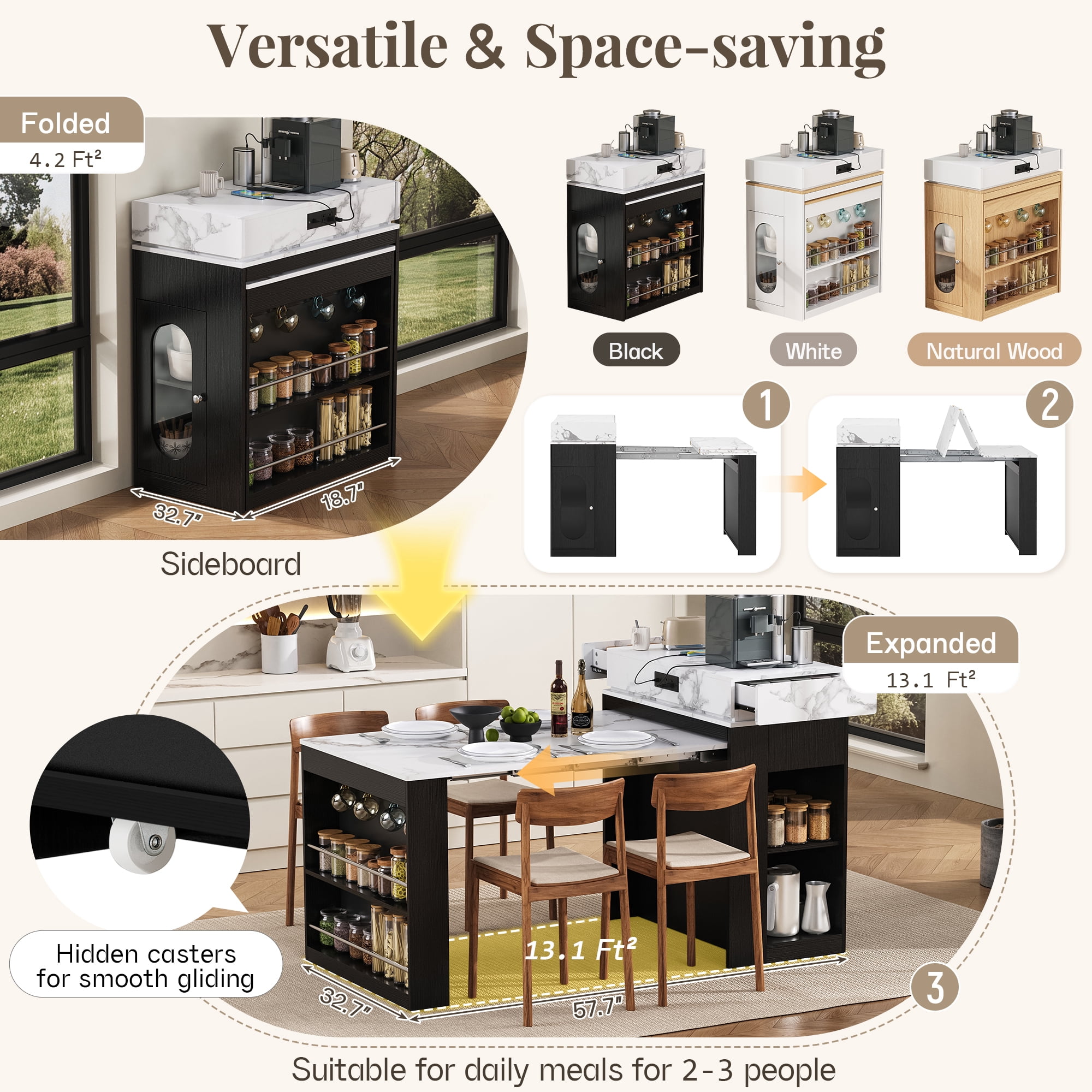 MODERNLUXE Extendable Dining Table with Folding Tabletop, Kitchen Island with Wheels,Hooks,Drawers and Power Outlet, Bar Table with Storage for Kitchen, Dining Room,Black