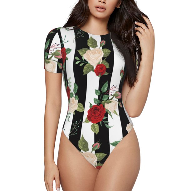 Fotbe Rose Flowers Body de Mujer con Cuello Redondo y Mangas Cortas, Sin Mangas Ajustado, Suave, Cómodo y Básico-X-Large